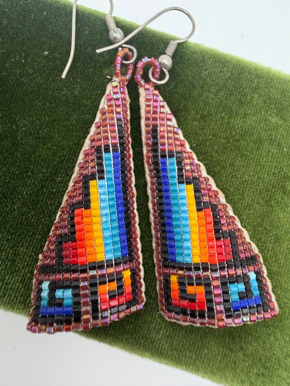handmade Native American style geometric beaded triangle earring navajo